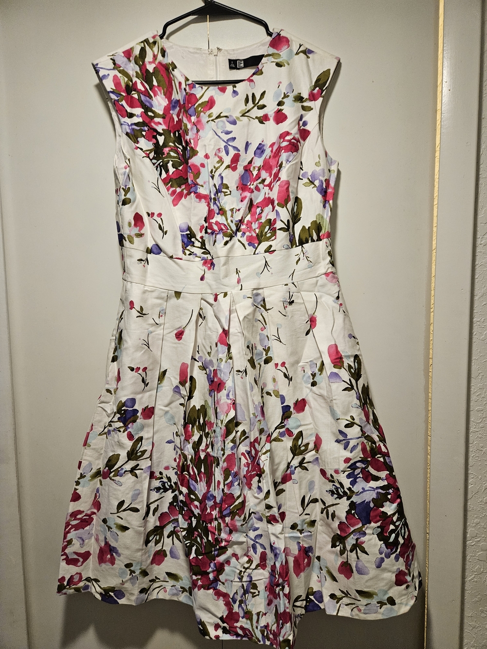 Sleeveless White Midi Dress with Pink & Purple Floral Print